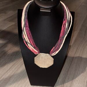 Multicolor Beaded Statement Necklace with Large Silver Pendant